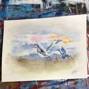 Original Egrets Watercolor Painting Birds Flight Art Landscape Decor Artettina